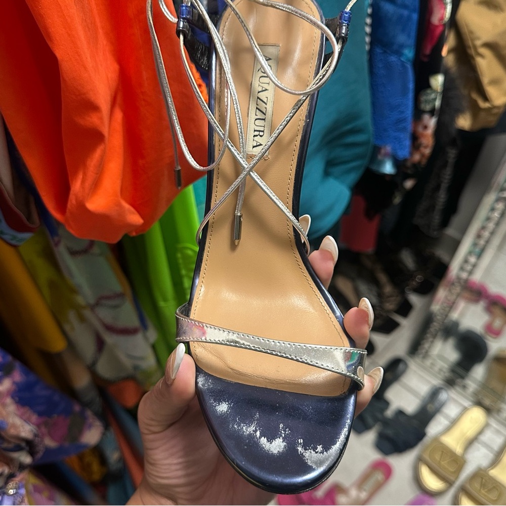 Aquazzura Bellissima 105 Blue & Silver Metallic Lace-Up Sandals Sz 40 | VGUC - Picture 7 of 12
